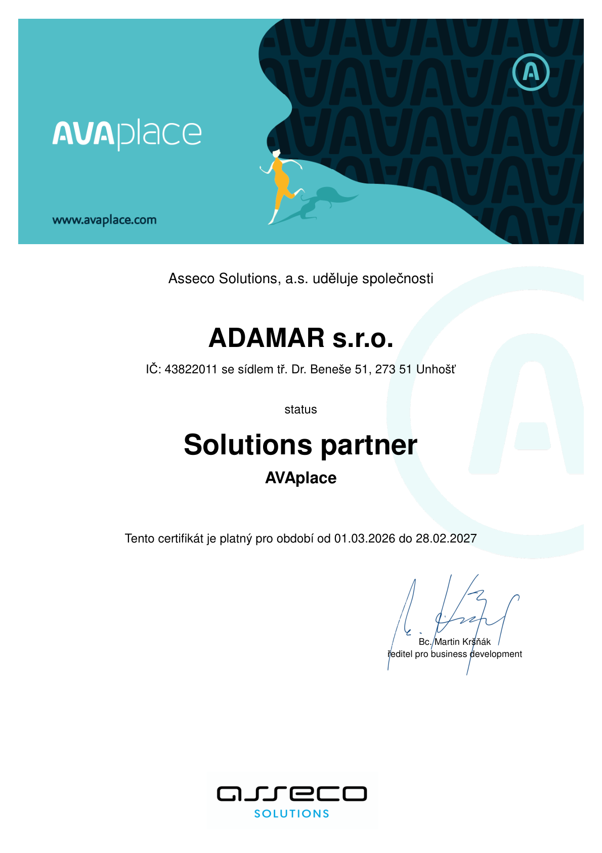 Certifikát AVAplace – náhled